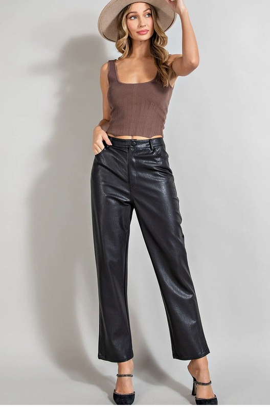 High Waist Belted Straight Leg Leather Trousers - SHOP WOMEN from