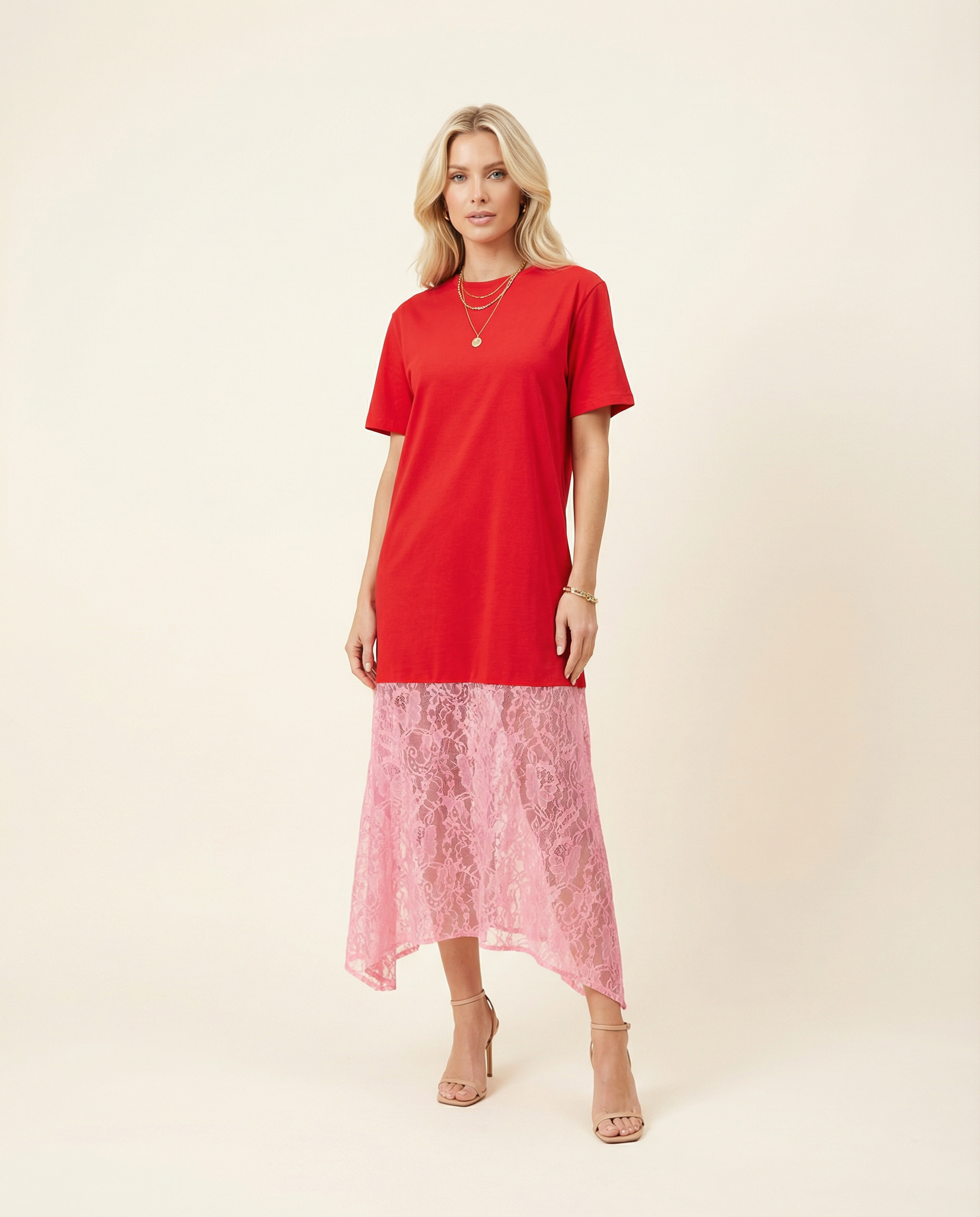 open lace back dress Elastic Waist Midi Shirt Dress main image 1