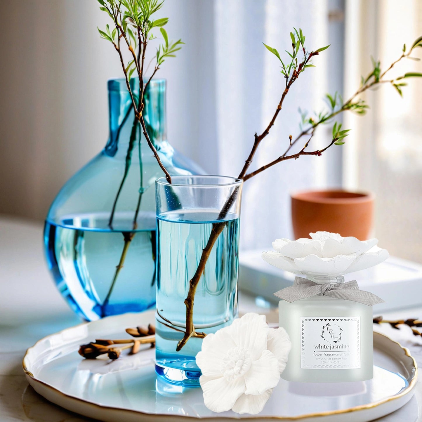 Marigold Ceramic Flower Diffuser Gift Set - White Jasmine