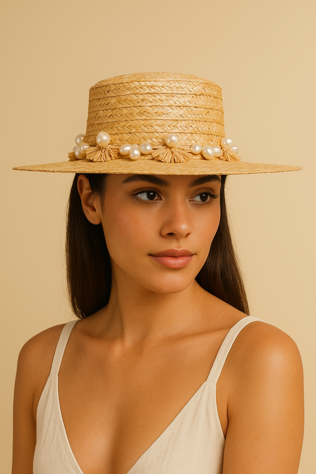 Natural Pearl Poms Straw Hat