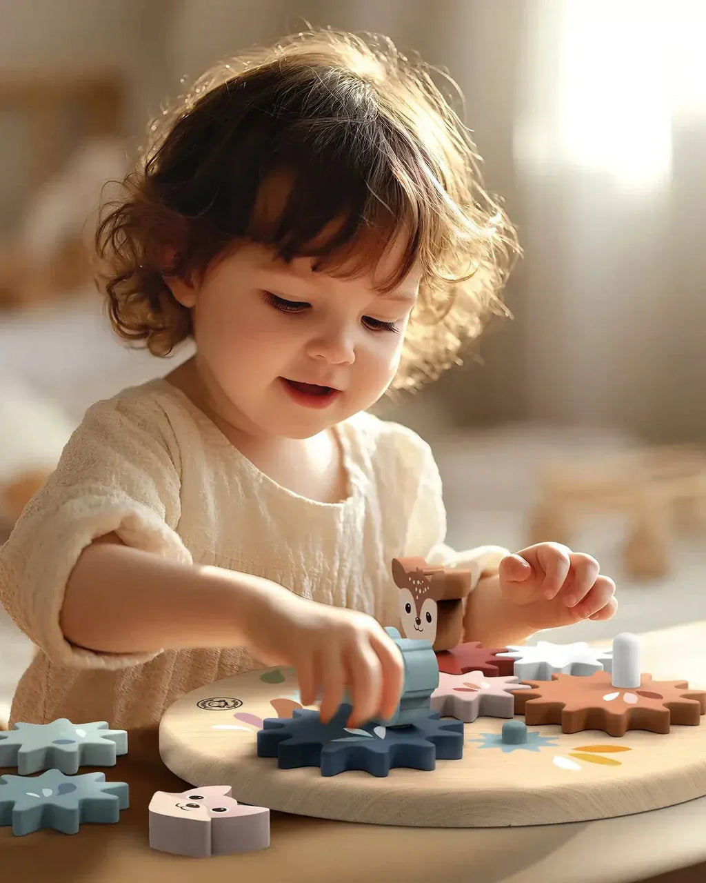 Child playing with a wooden puzzle toy in a warm indoor setting