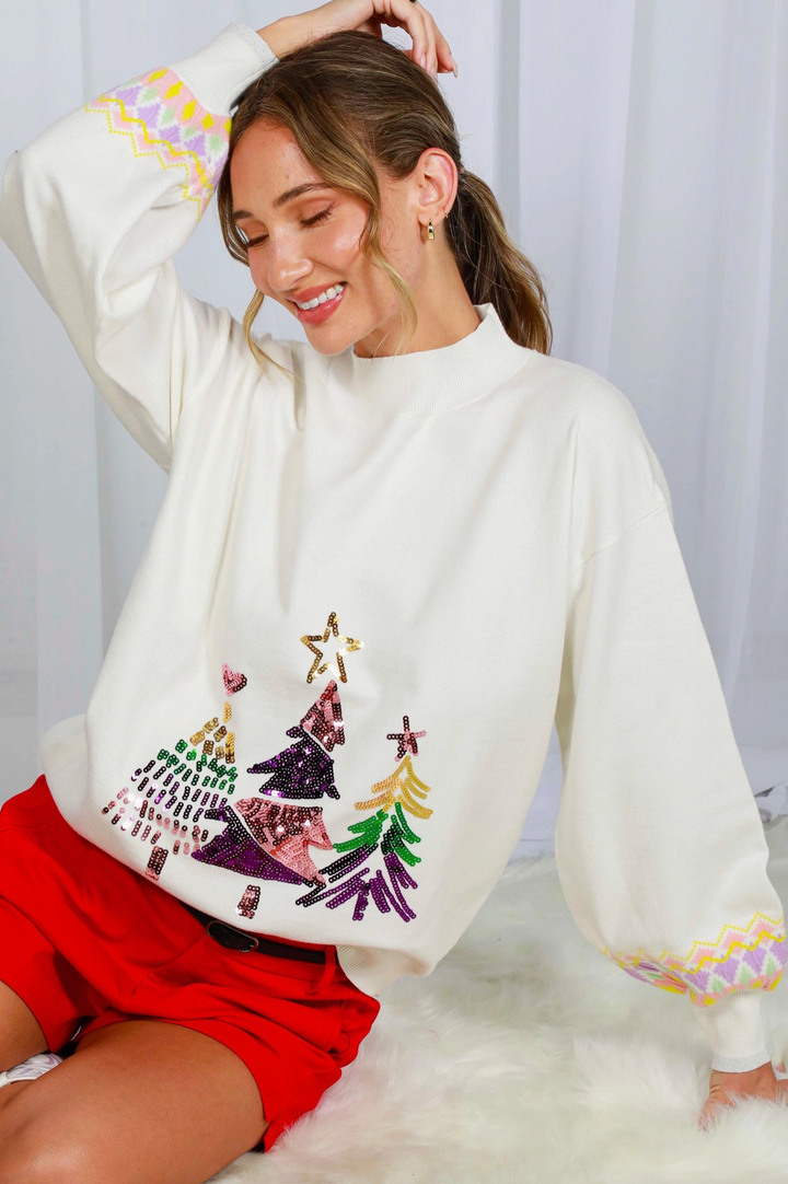 Christmas Tree Embroidery Sequin Crew Neck Sweater