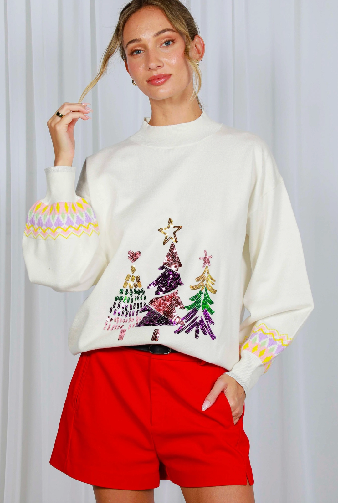 Christmas Tree Embroidery Sequin Crew Neck Sweater