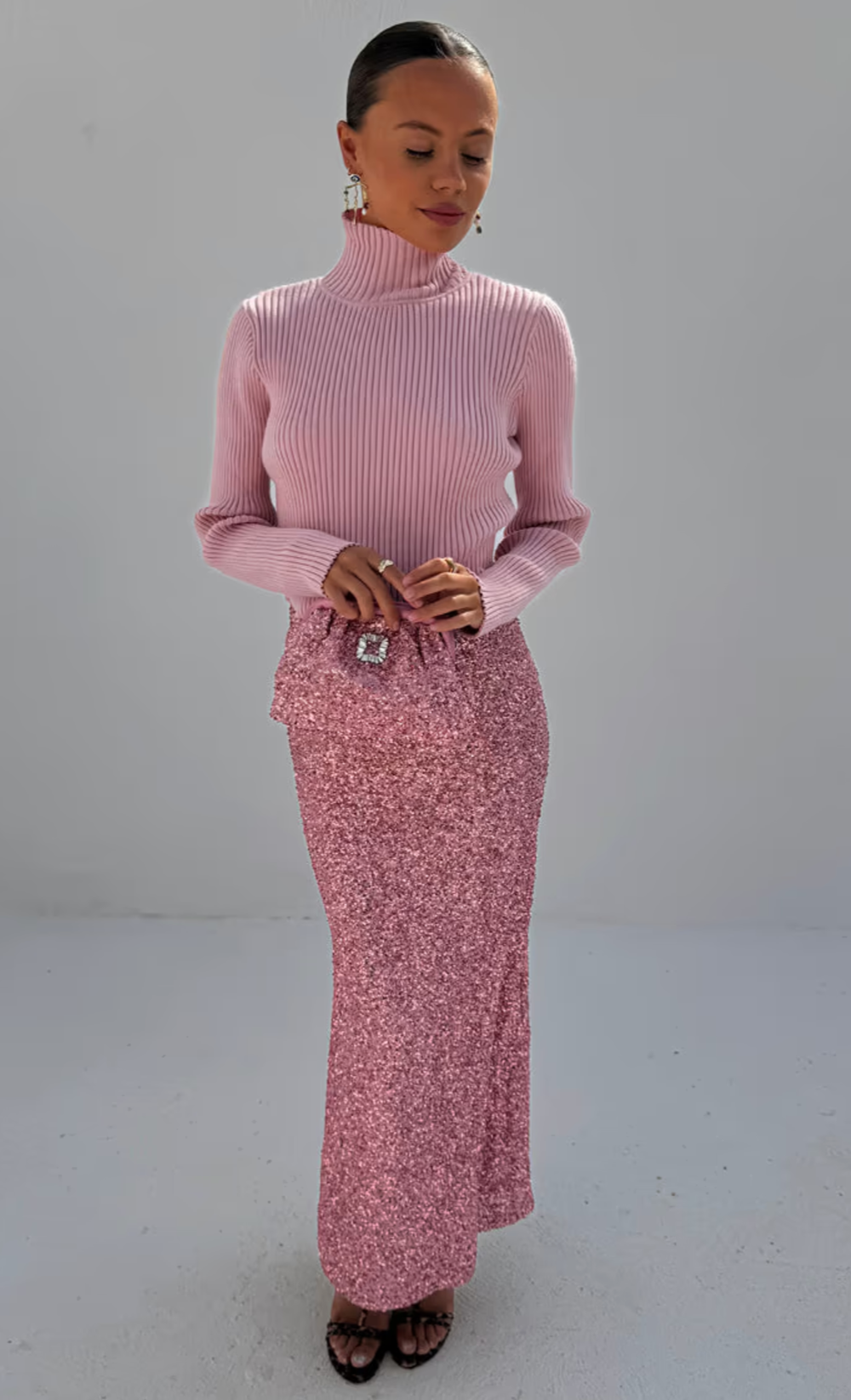 Pink Ribbed Roll Neck Sweater