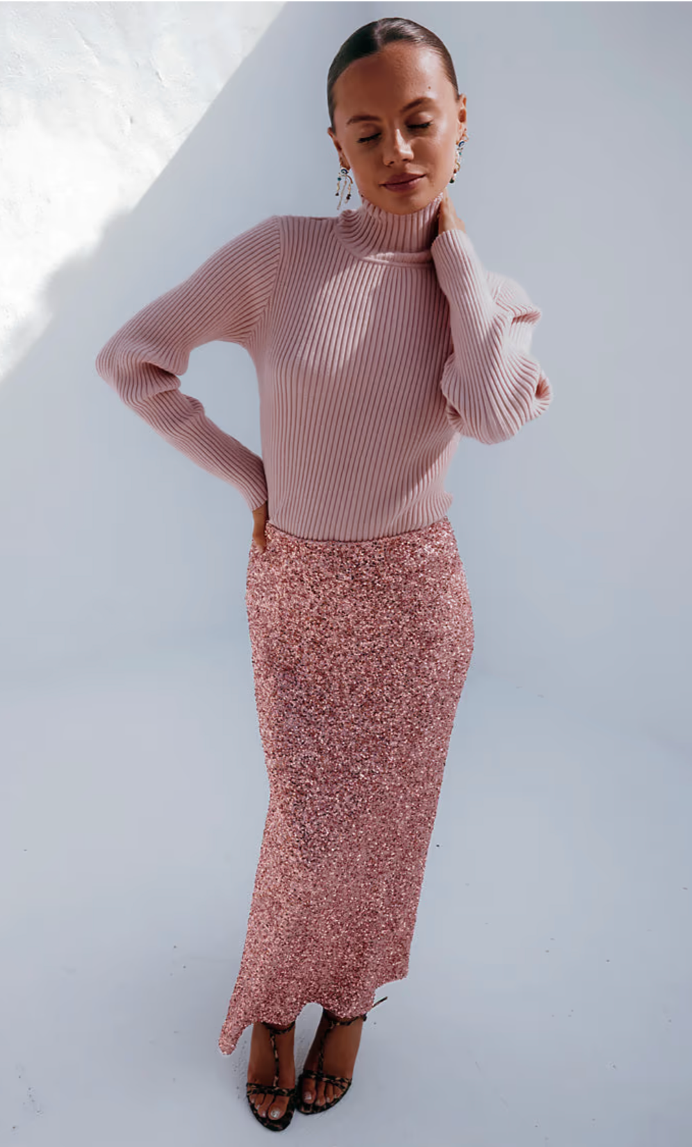 Pink Ribbed Roll Neck Sweater