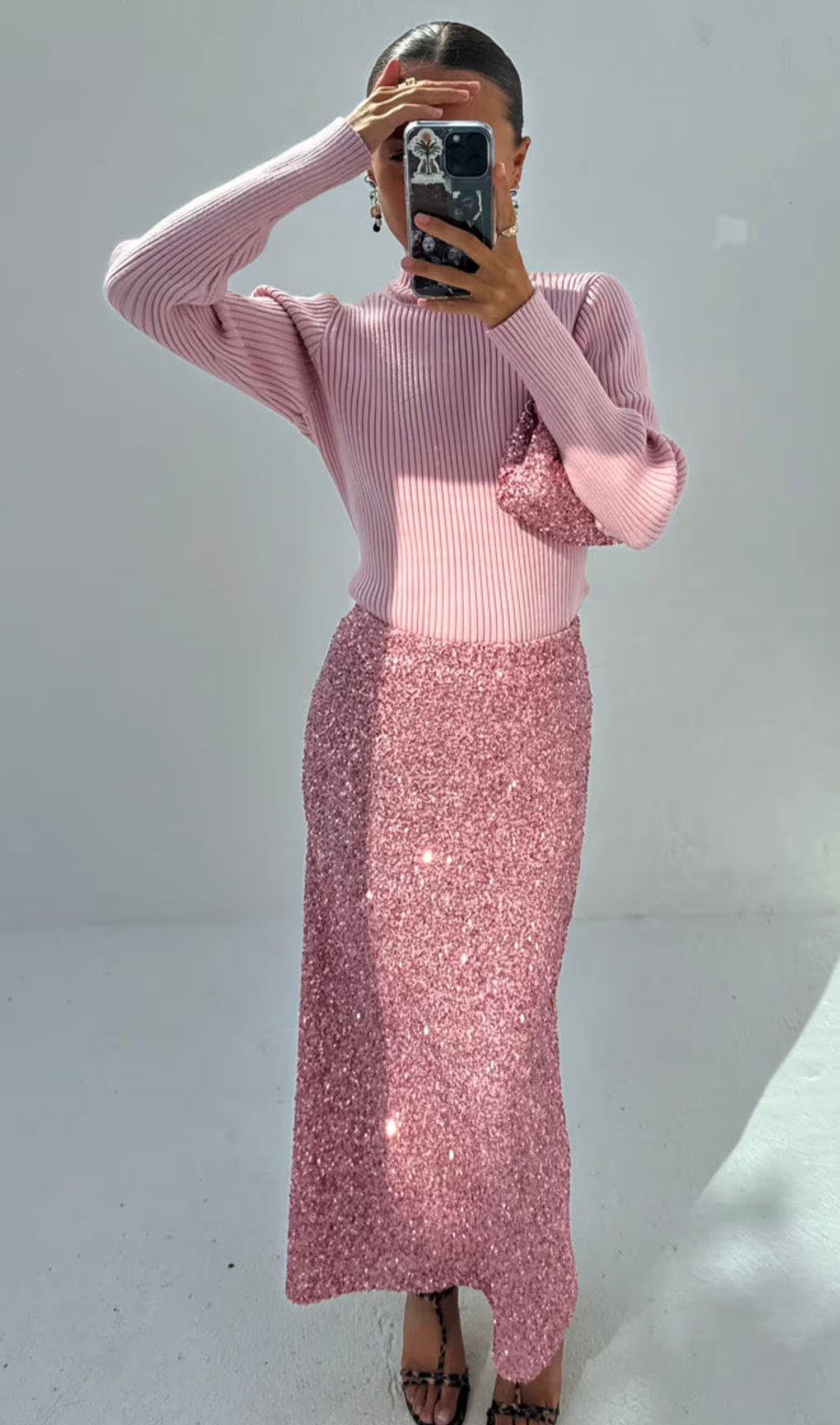 Pink Ribbed Roll Neck Sweater