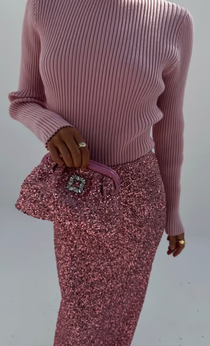 Pink Ribbed Roll Neck Sweater