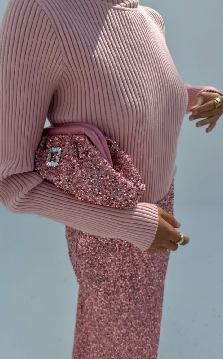 Pink Ribbed Roll Neck Sweater