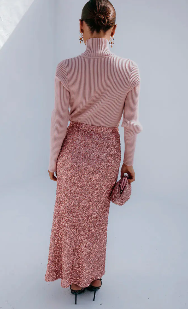 Pink Ribbed Roll Neck Sweater