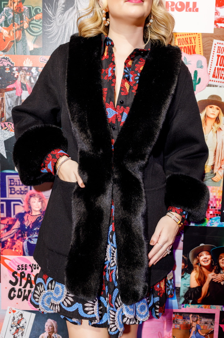 Black Wool Faux Fur Coat