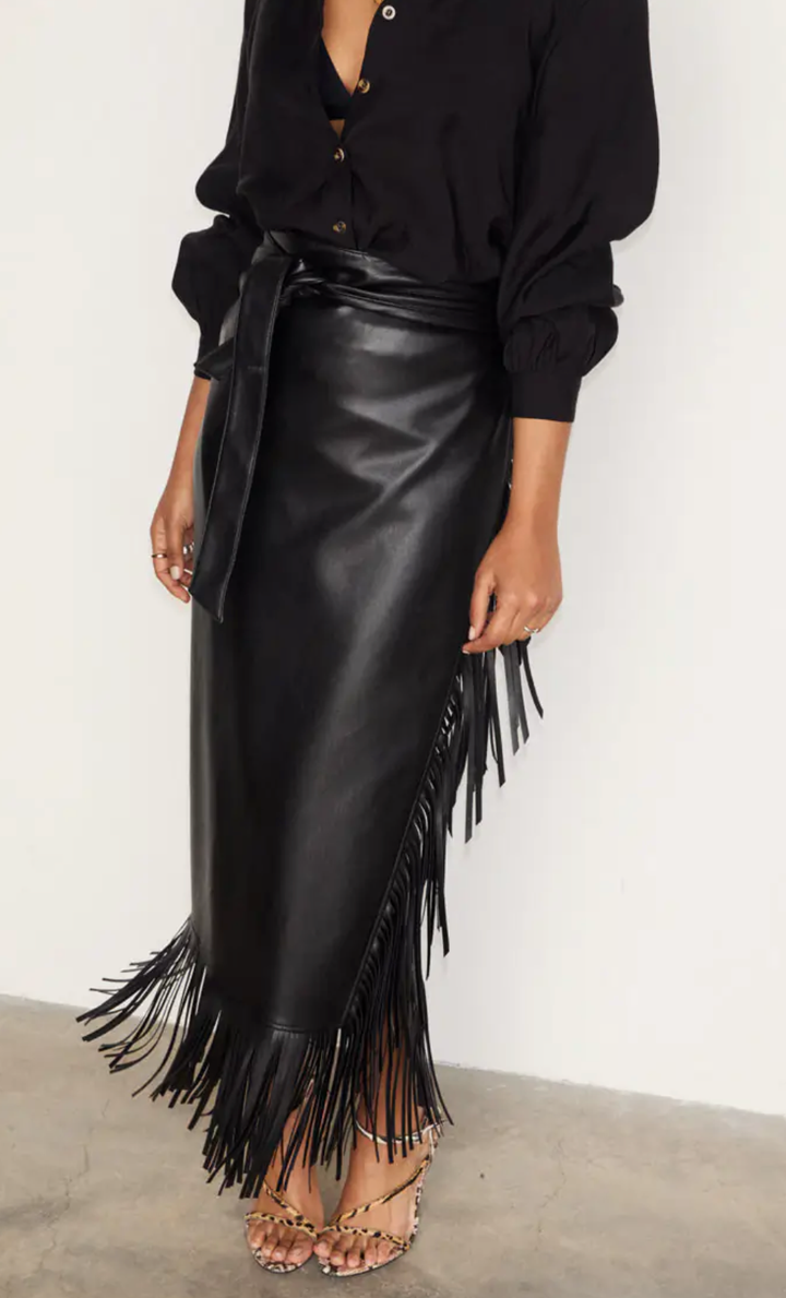 Black Vegan Leather Fringe Midi Jaspre Skirt