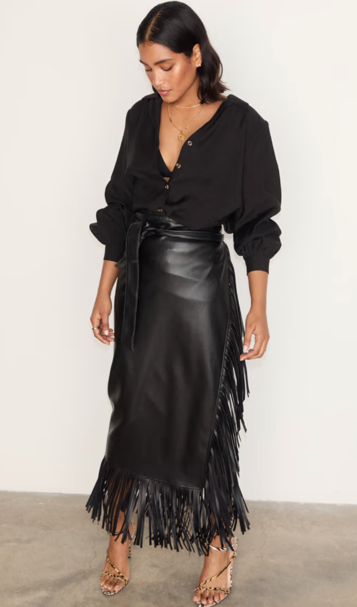 Black Vegan Leather Fringe Midi Jaspre Skirt