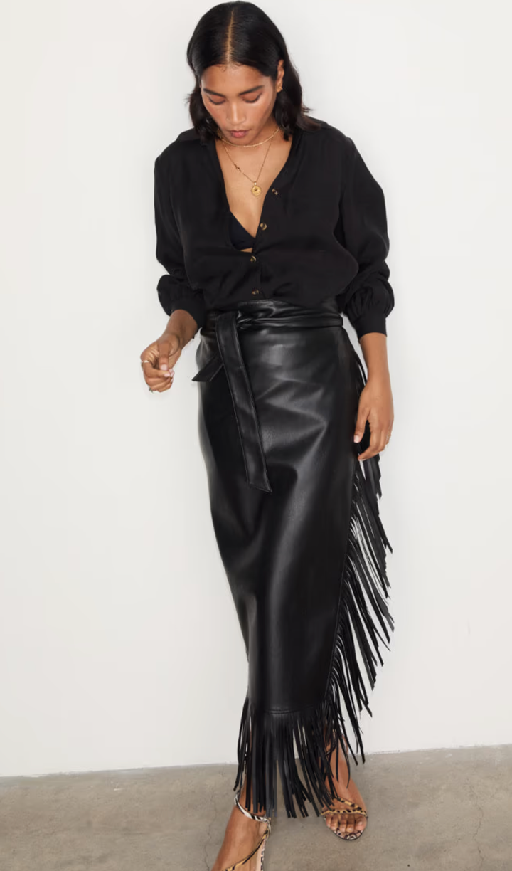 Black Vegan Leather Fringe Midi Jaspre Skirt