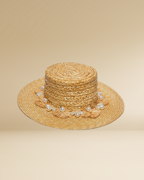 Natural Pearl Poms Straw Hat