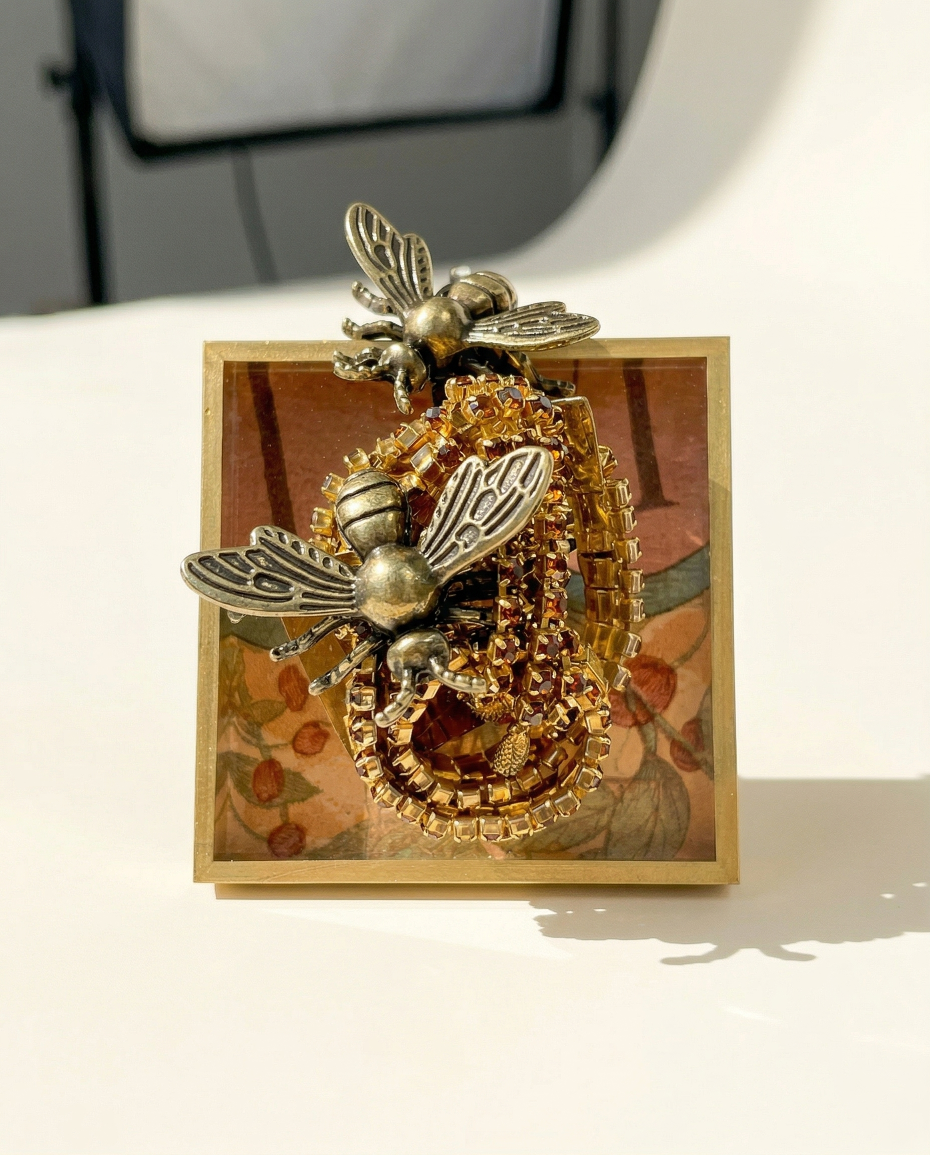 Decorative art with bees and sparkle necklace on acrylic frame art 