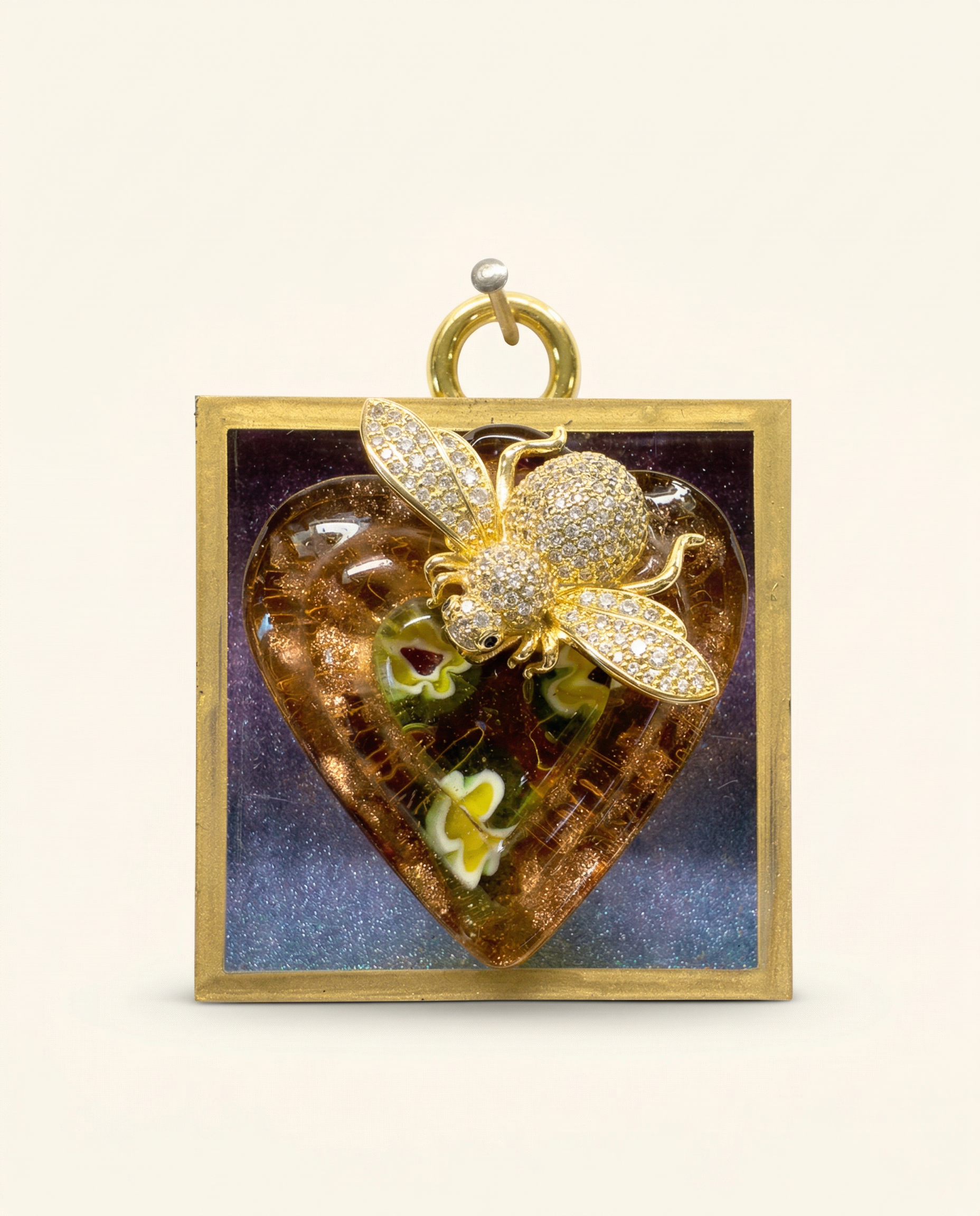 Heart-shaped  glass pendant with gold sparkle bee on acrylic frame art 