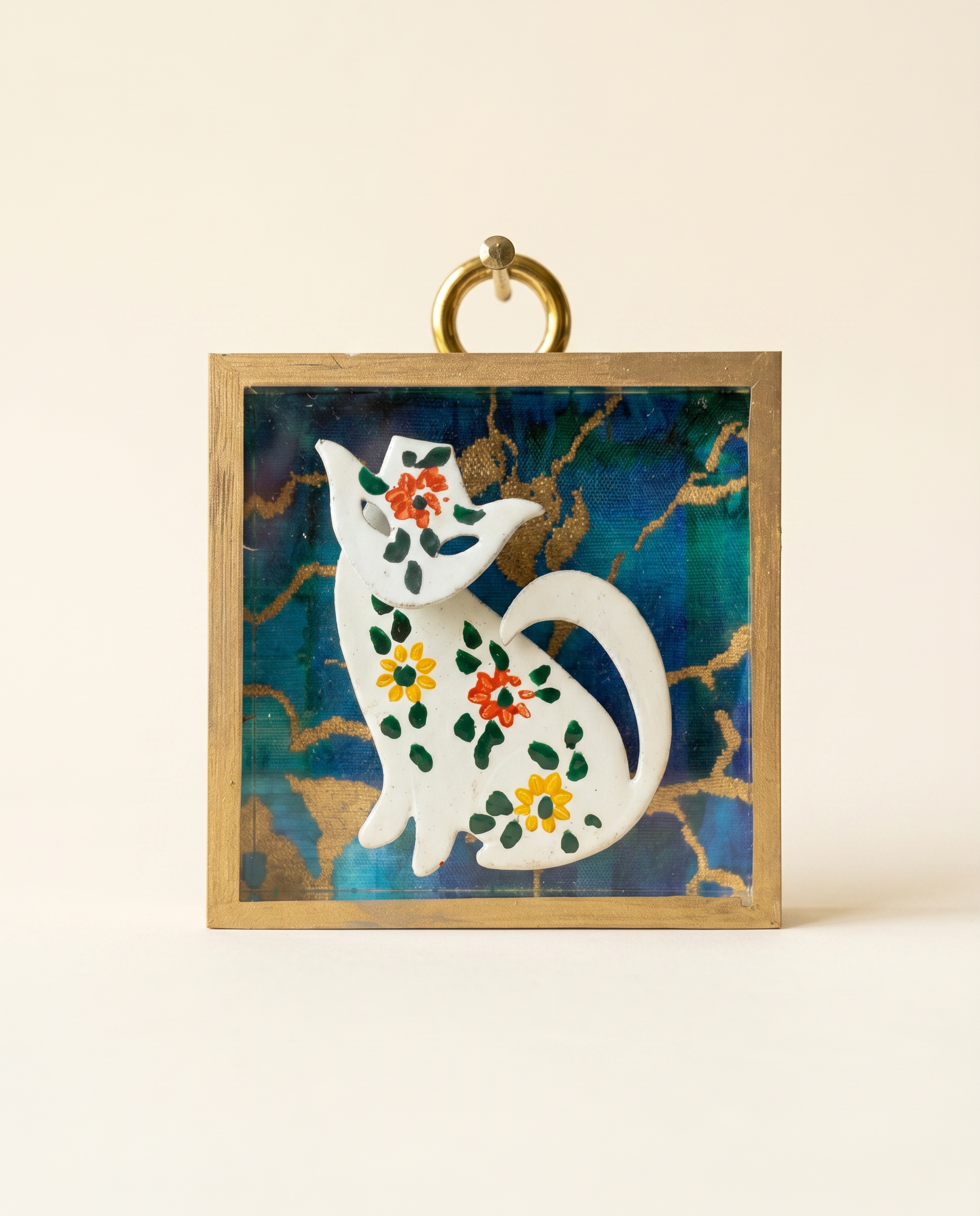 Decorative wall art with a vintage cat design on a textured blue background on acrylic frame art