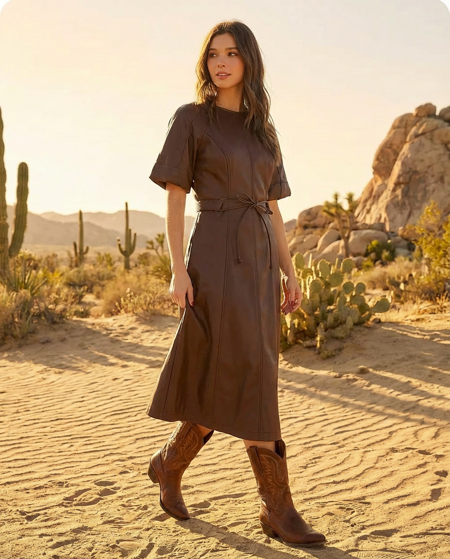 Belted Vegan Leather Dress