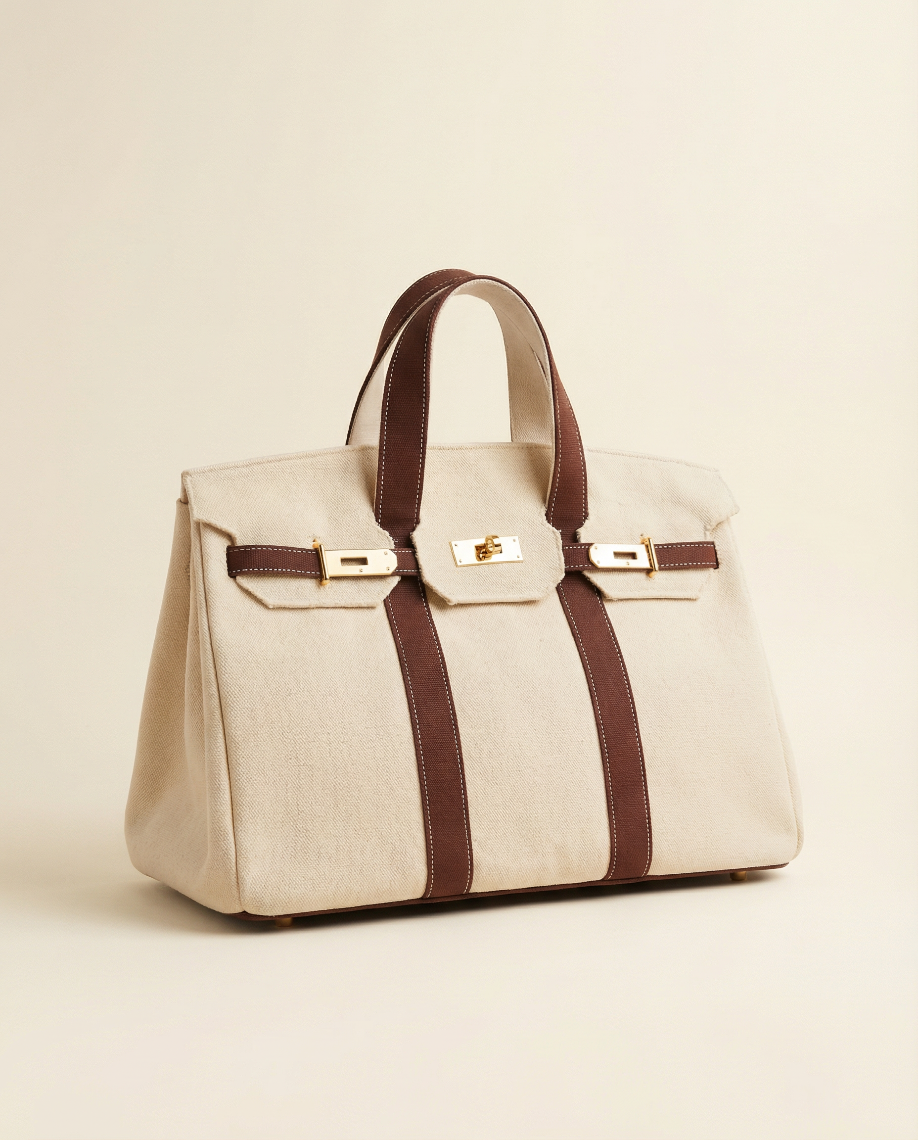 Beige handbag with brown straps on a beige background