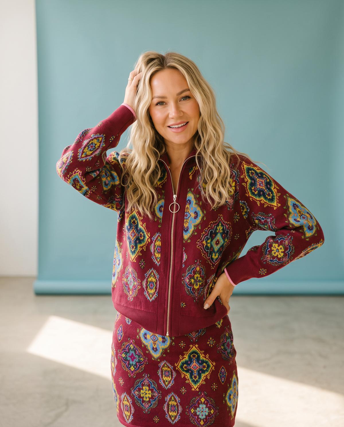 Red Tile Zip Up Cardigan
