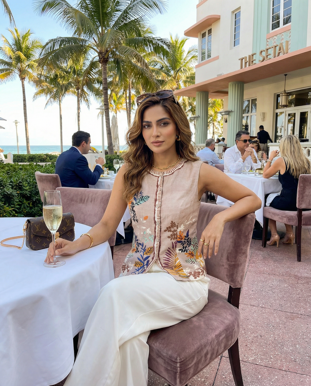 Woman sitting at an outdoor dining table with palm trees and a building in the background