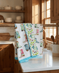 Colorful towel with cowboy boot design hanging on a kitchen rack.