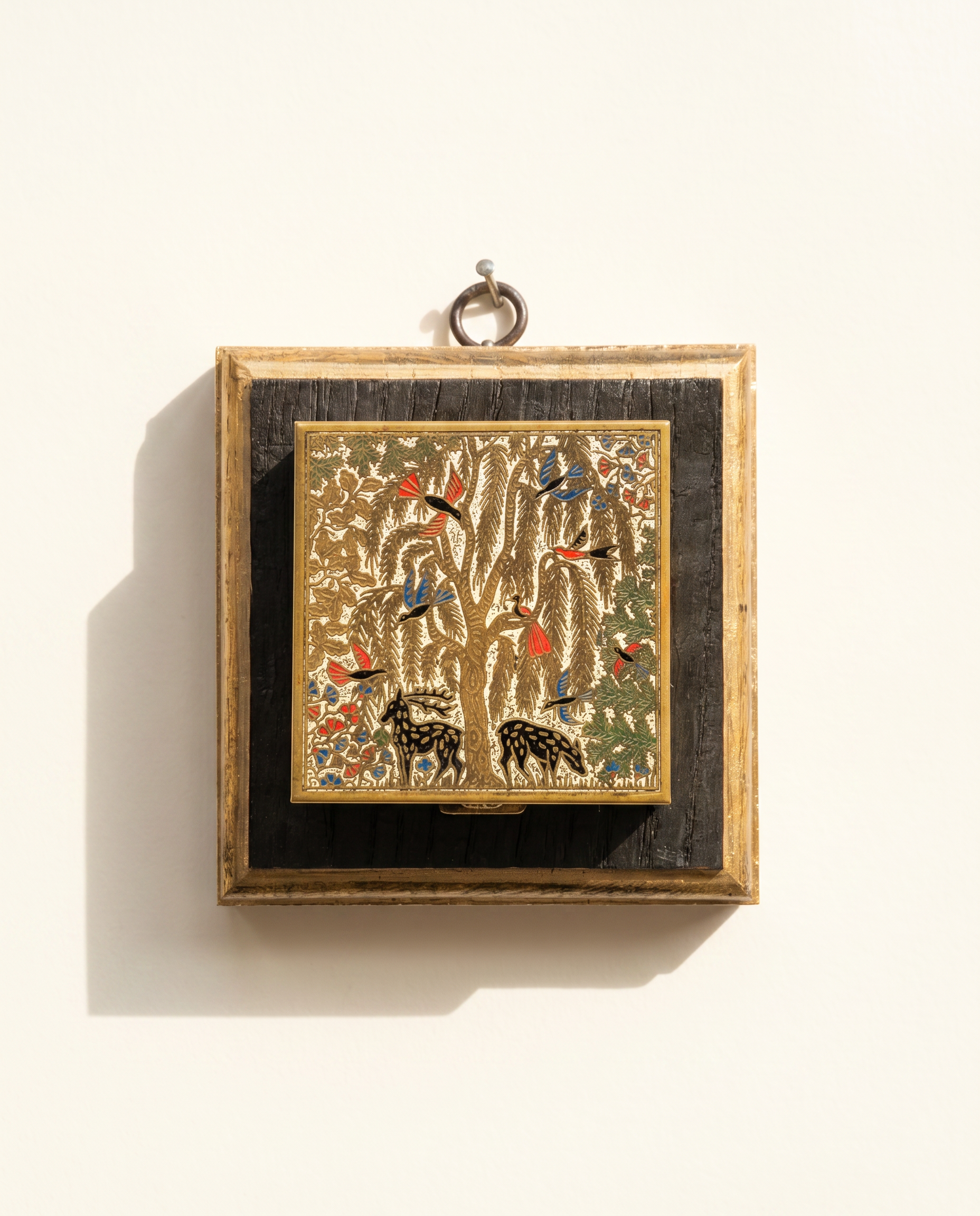 Decorative vintage compact animals and birds on bourbon barrel frame art 