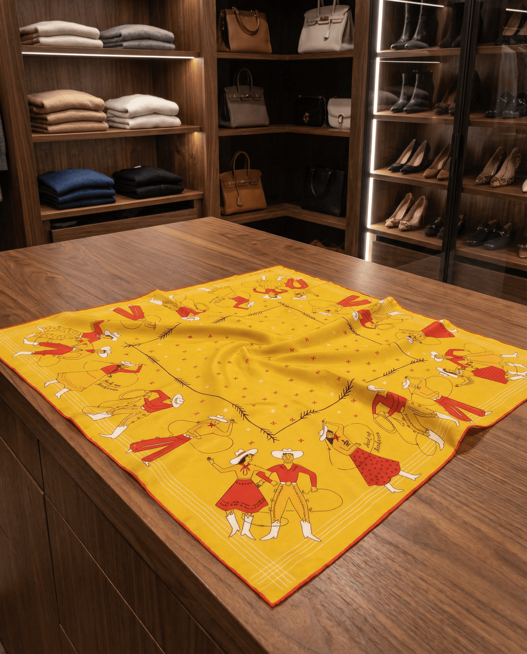 Yellow scarf with western designs on a wooden surface