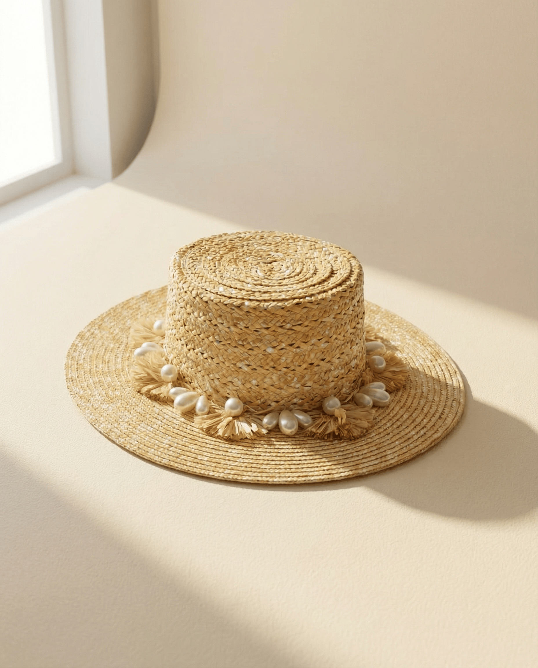 Natural Pearl Poms Straw Hat