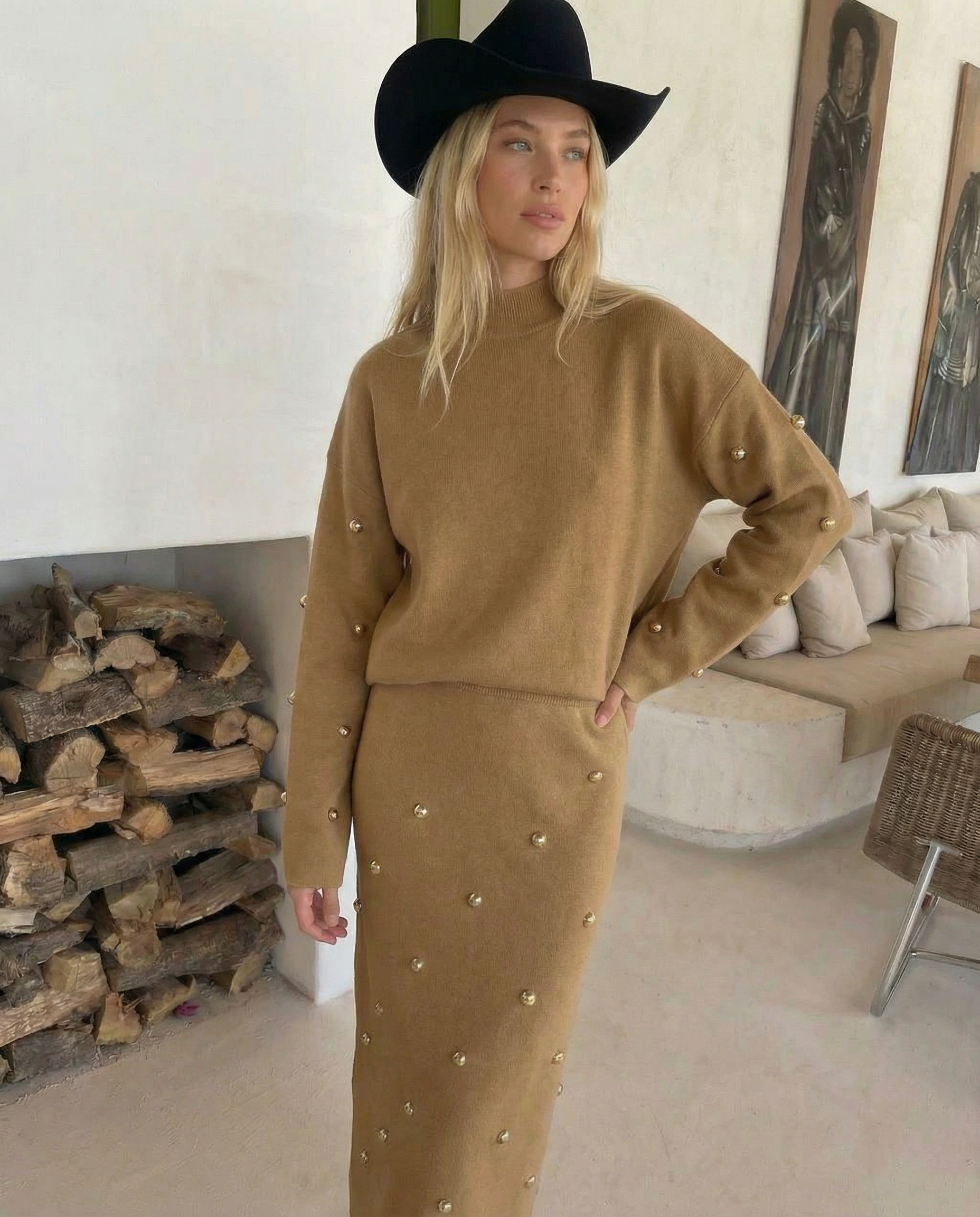 Tan Stud Knit Sweater