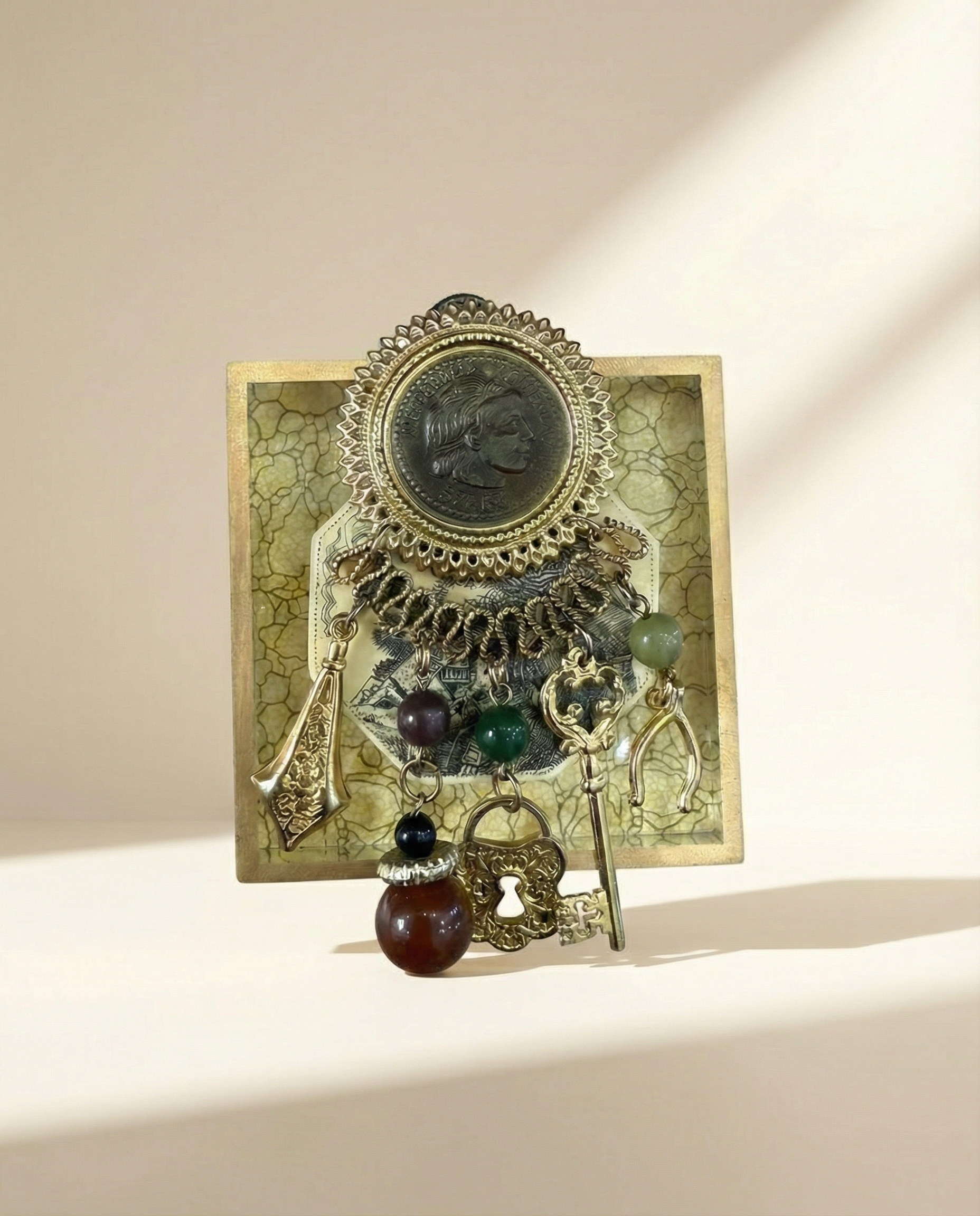 Vintage Decorative brooch with hanging pendants on acrylic frame 