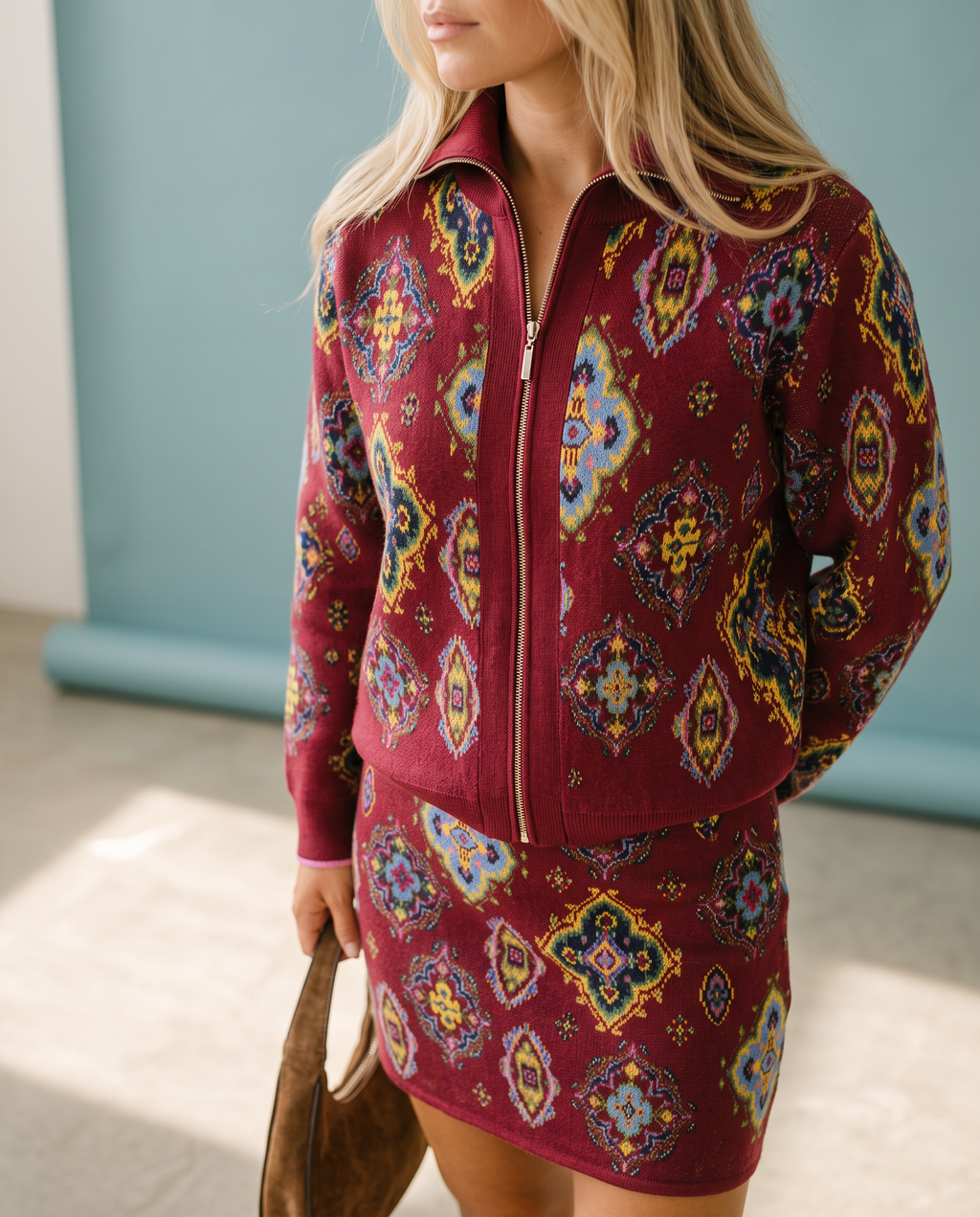 Red Tile Zip Up Cardigan