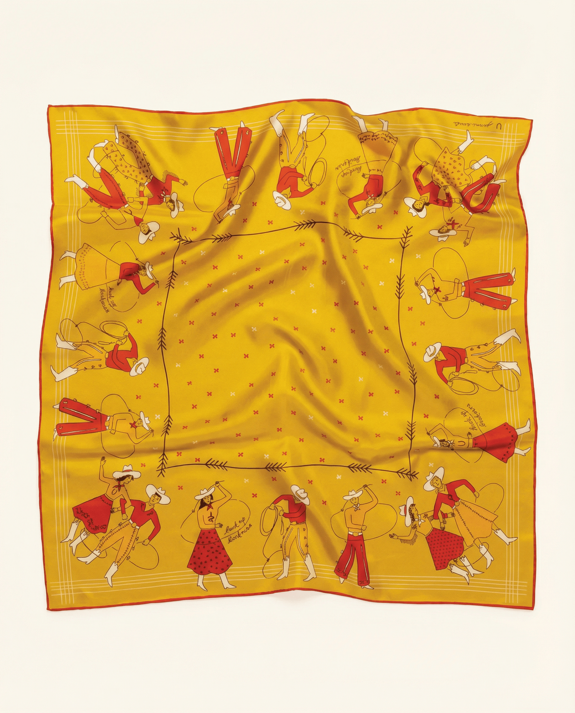 Yellow scarf with colorful western lasso pattern on a white background