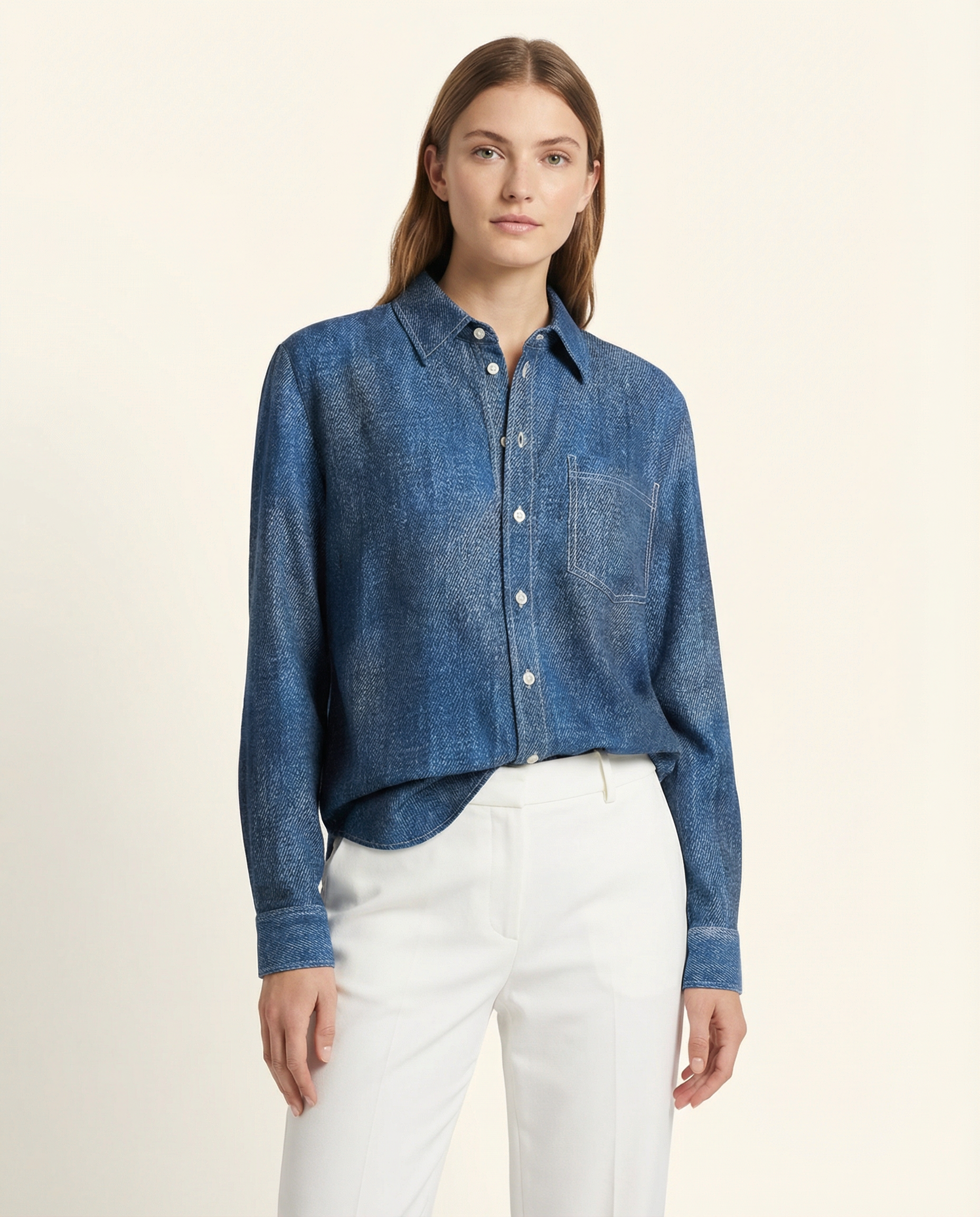 Dark Wash Silk Denim Blouse