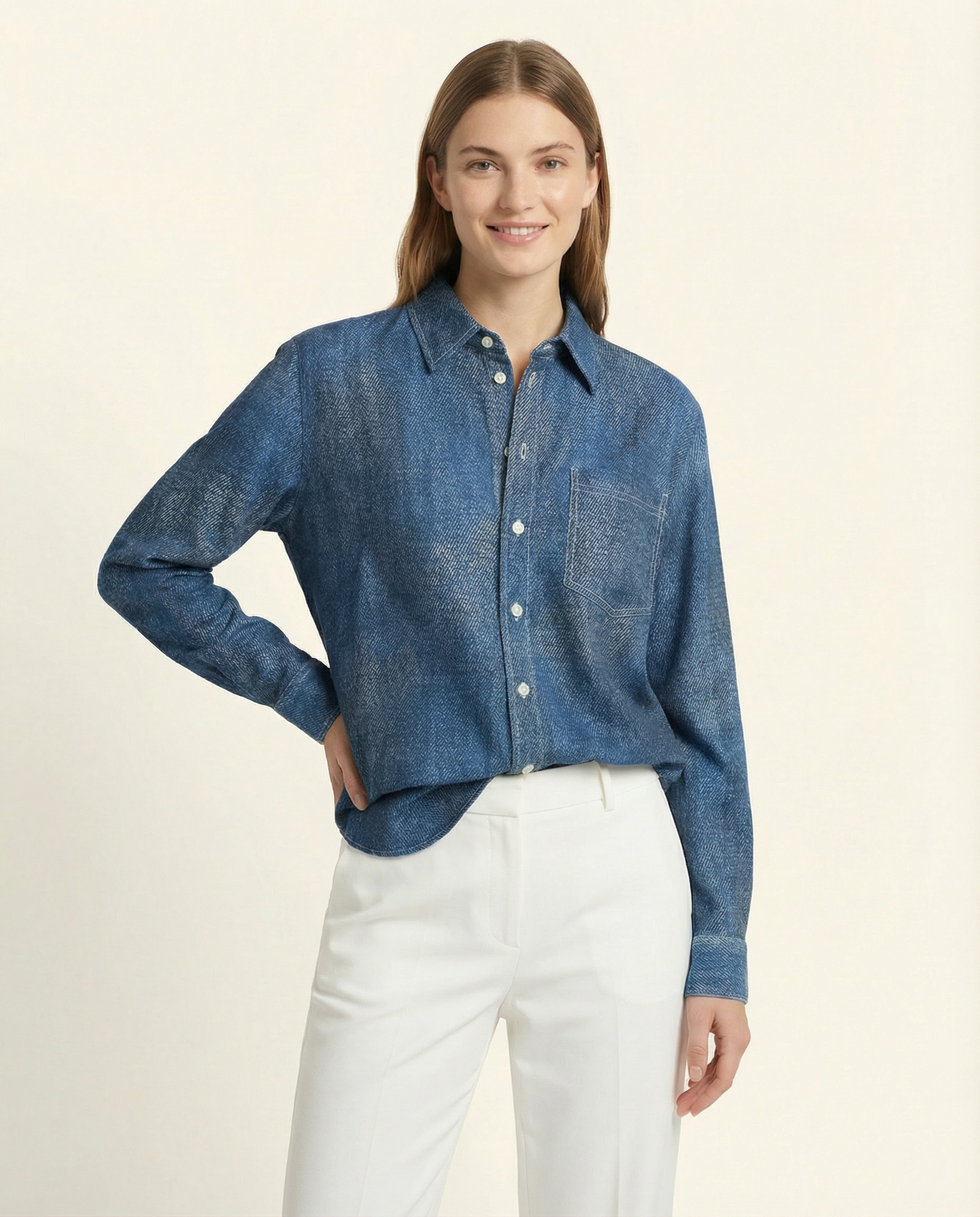 Dark Wash Silk Denim Blouse