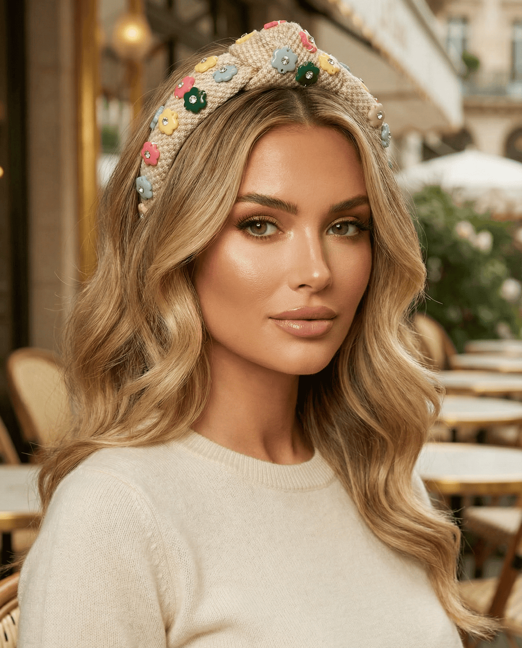 Woman wearing a decorative headband with a blurred outdoor cafe background