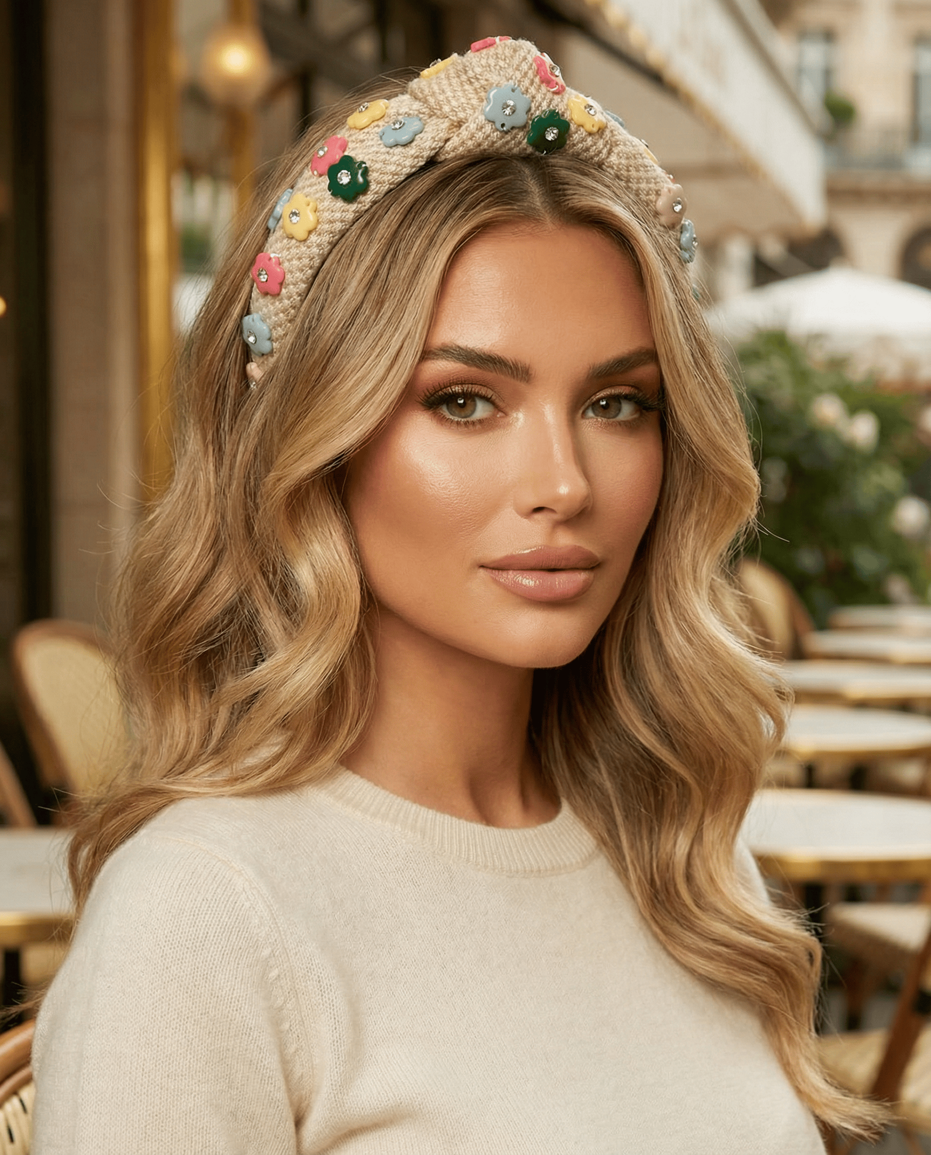 Woman wearing a decorative headband with a blurred outdoor cafe background