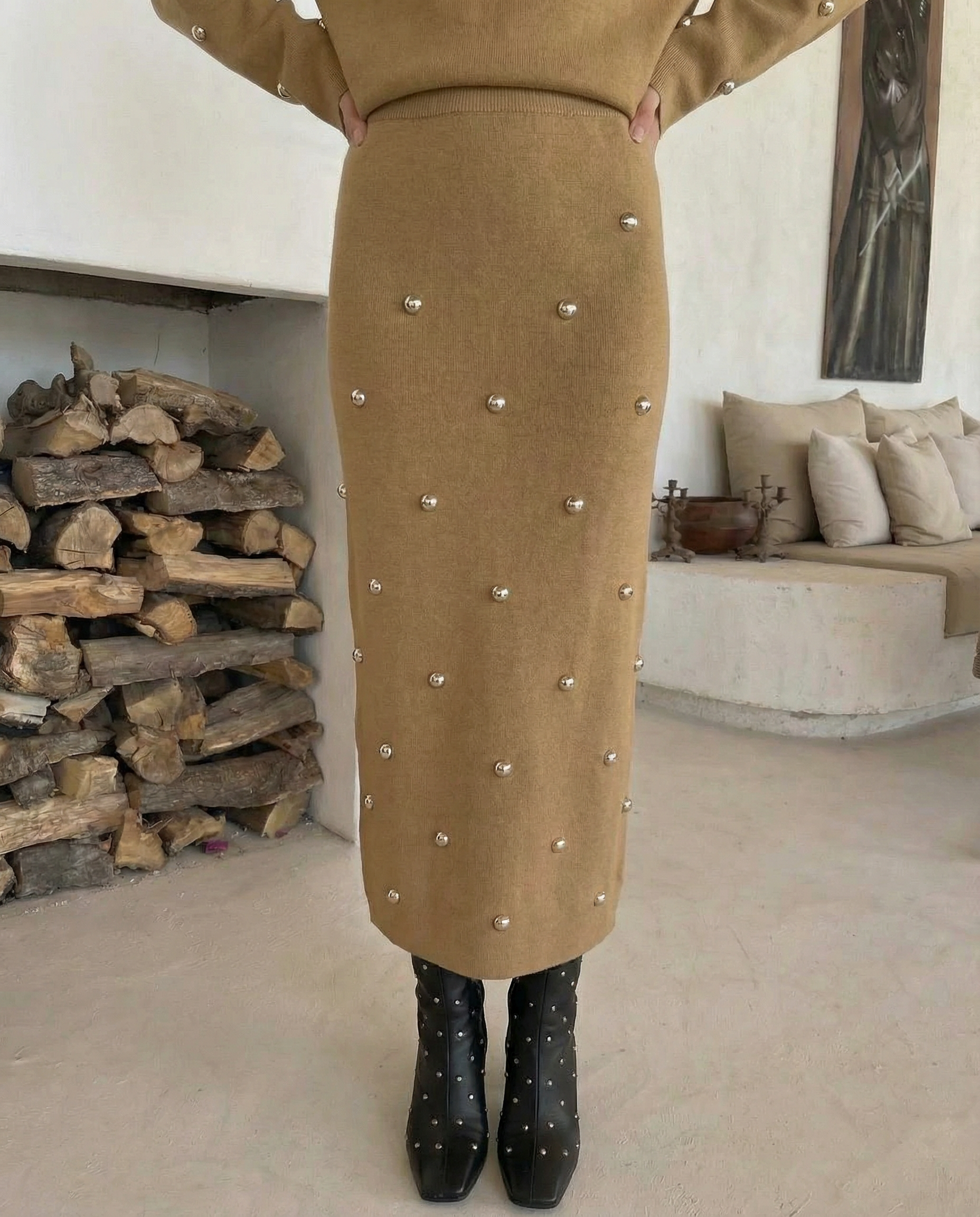 Tan Stud Knit Skirt