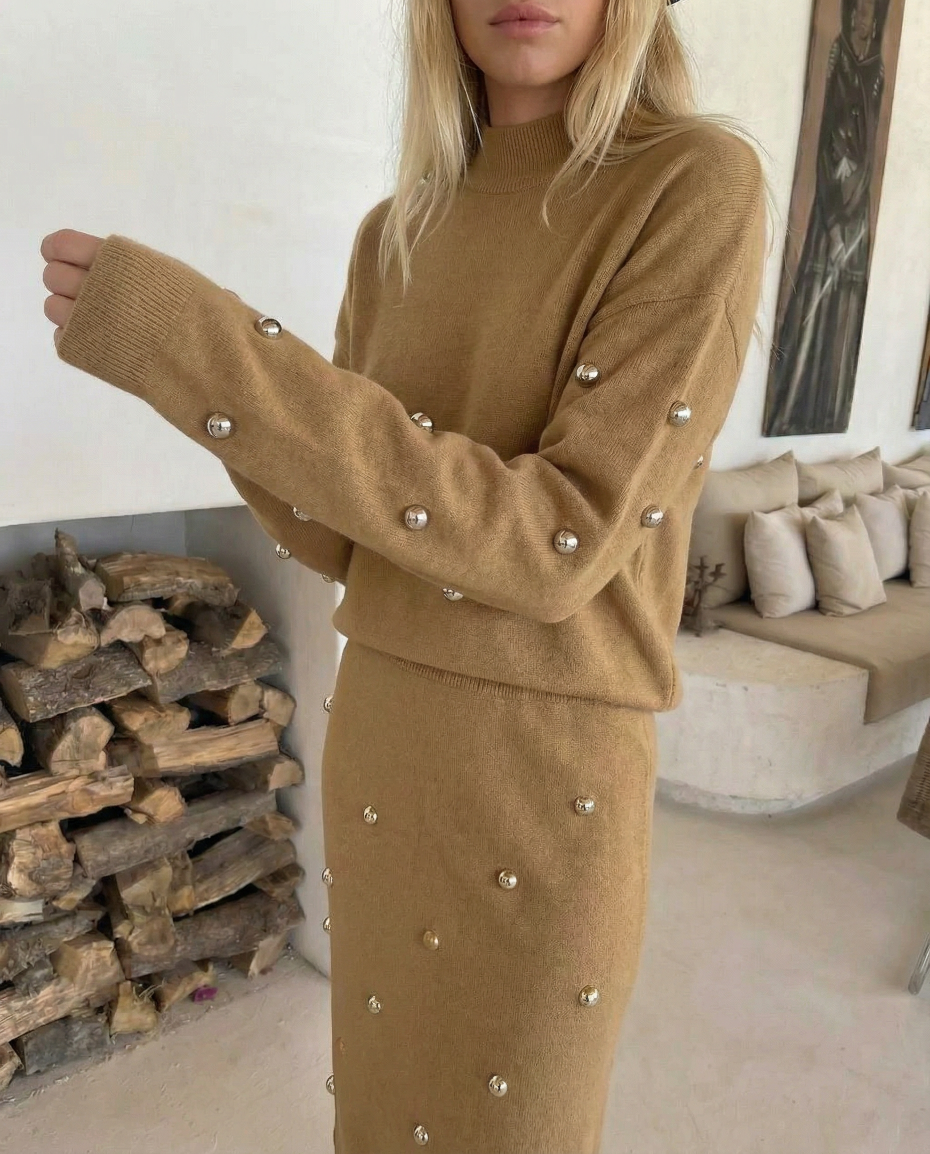 Tan Stud Knit Sweater