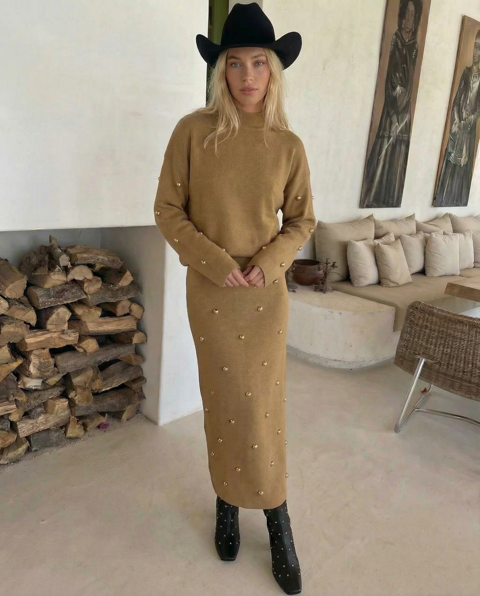 Tan Stud Knit Skirt