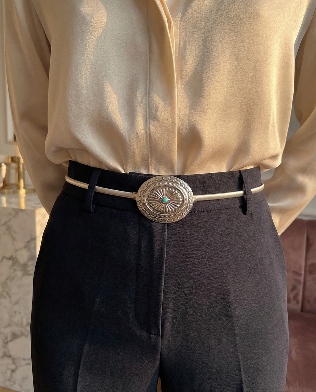 silver thin western style belt with concho and turquoise