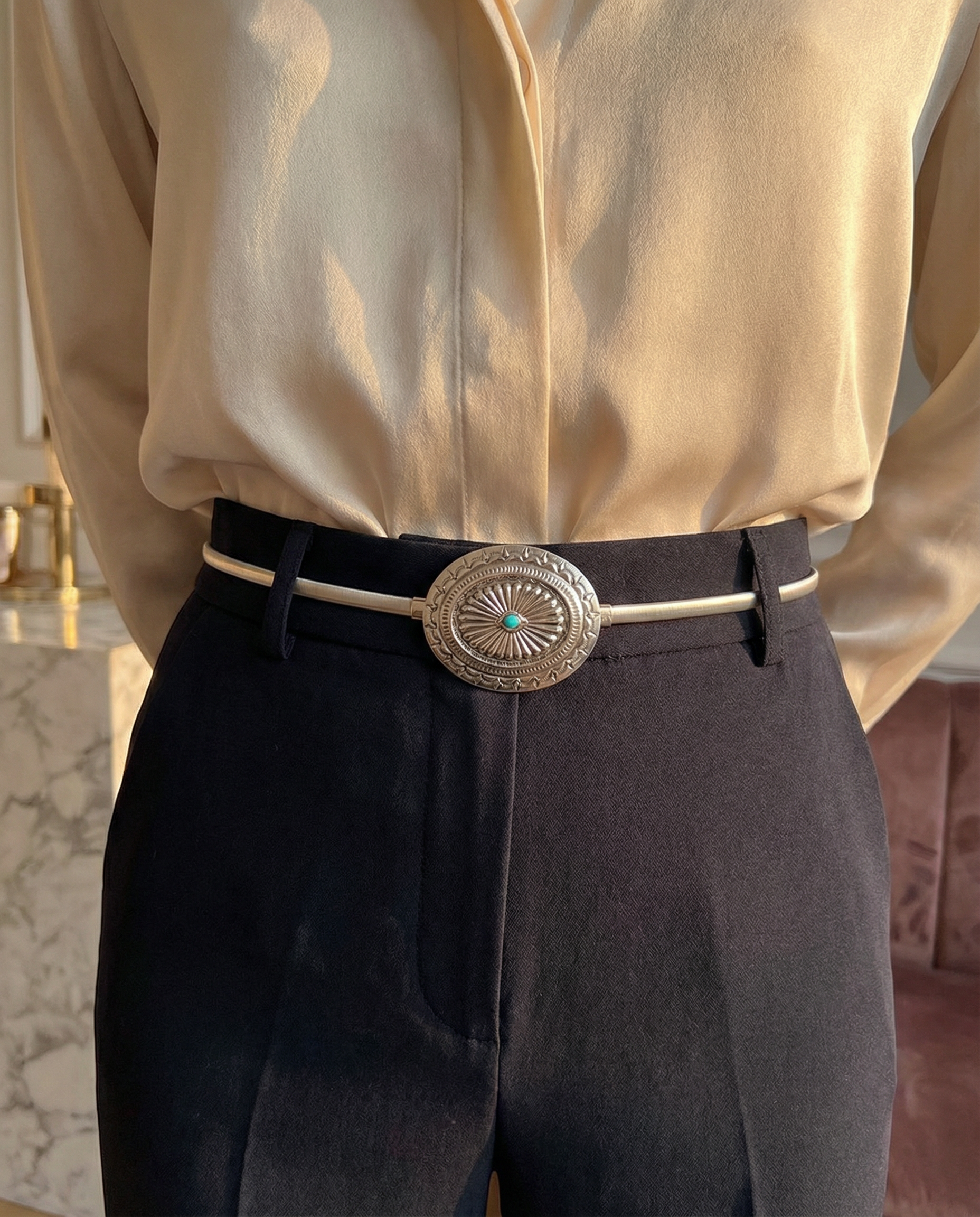 silver thin western style belt with concho and turquoise