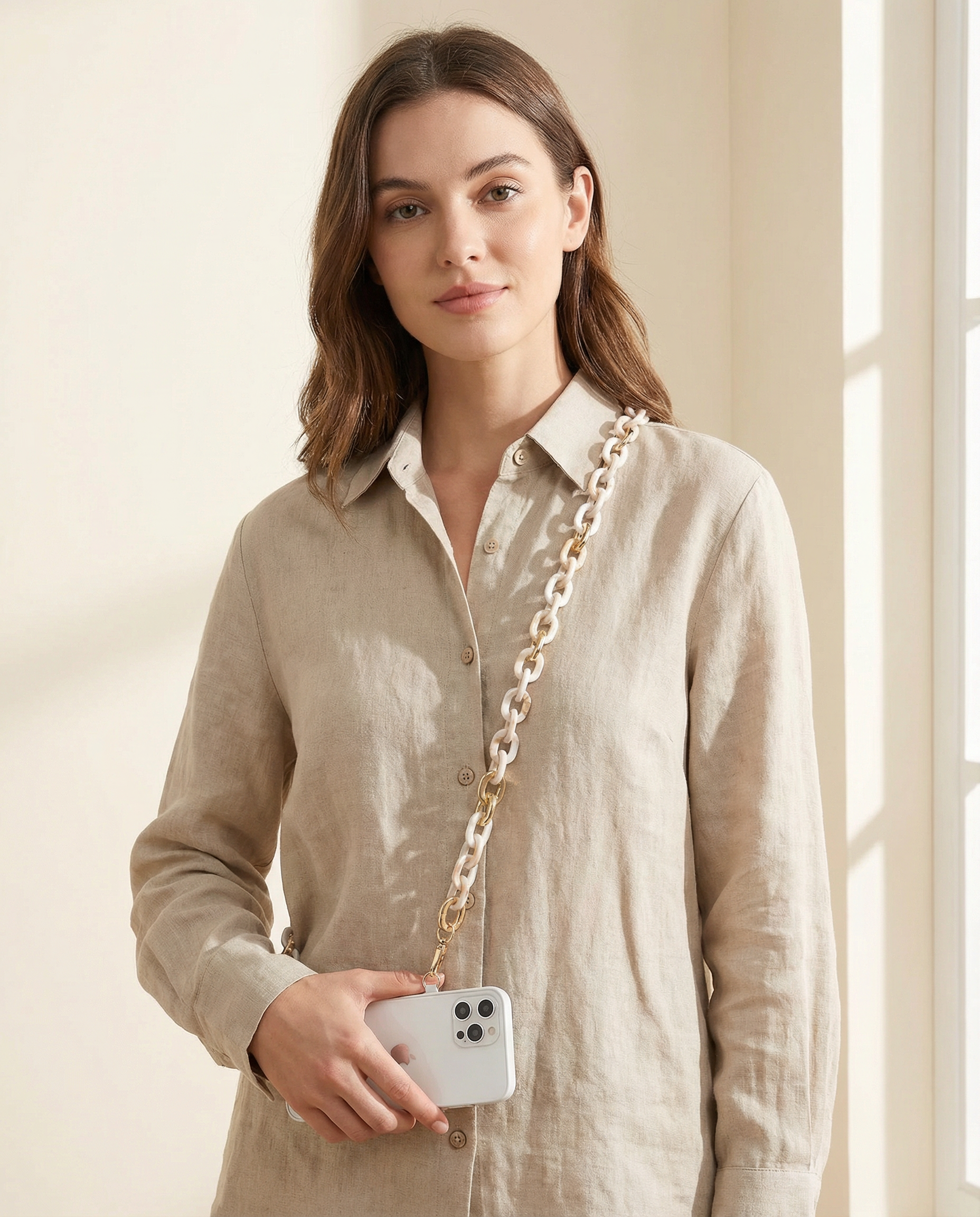 Woman holding a phone with a chain strap against a neutral background