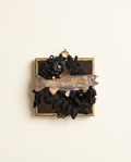 Decorative wall art with metal fish and black floral lace on a wooden frame art 