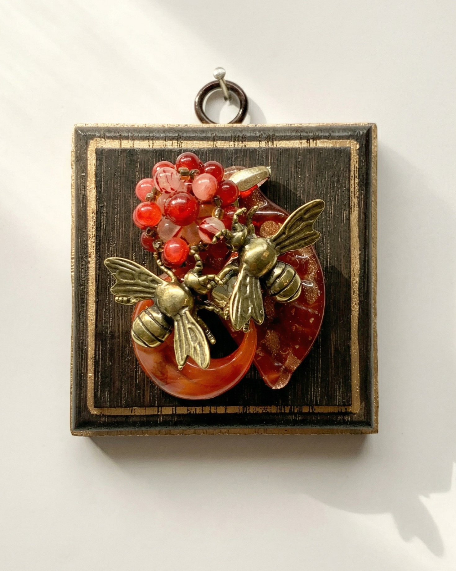 Decorative wall art with bees and red stones & jewels on a wooden frame art 