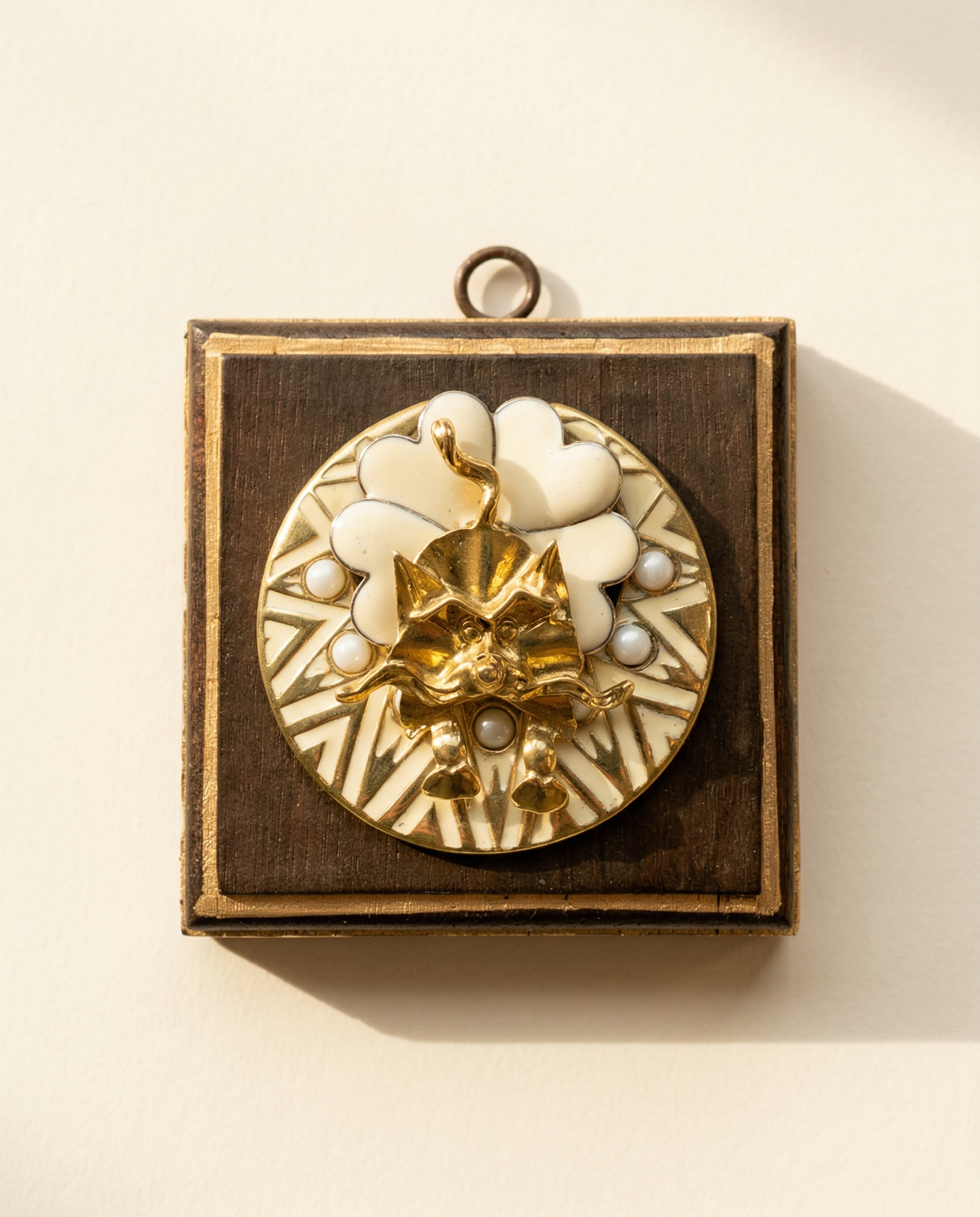 Decorative wall art with gold and white design  pendant cat on a wooden frame 