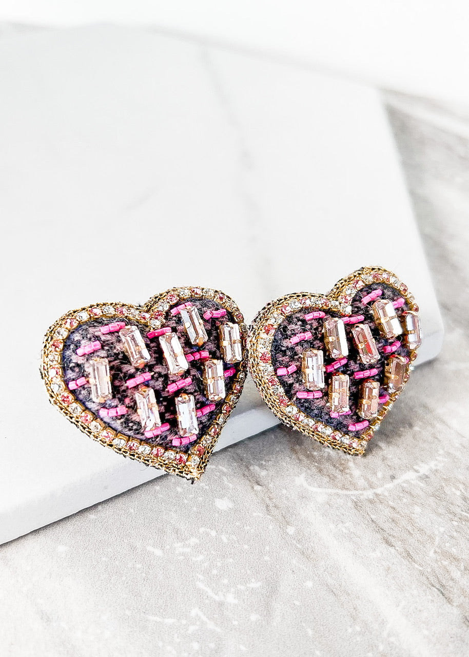 Navy Tweed Heart Earrings